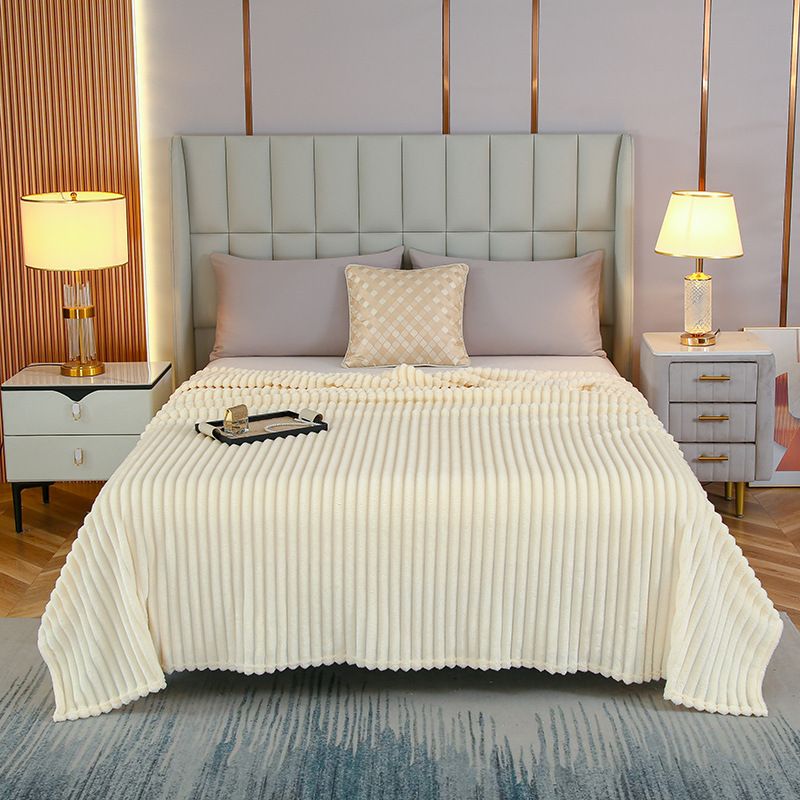 150*200cm Beige Solid Colour Flannel Throw Blanket - Thick Double-Sided Fleece with Ribbed Texture - Soft throw blanket& Lightweight for Sofa, Bed, Office Nap, Air-Conditioned Rooms - Durable, Machine Washable, Non-Shedding - Image 1
