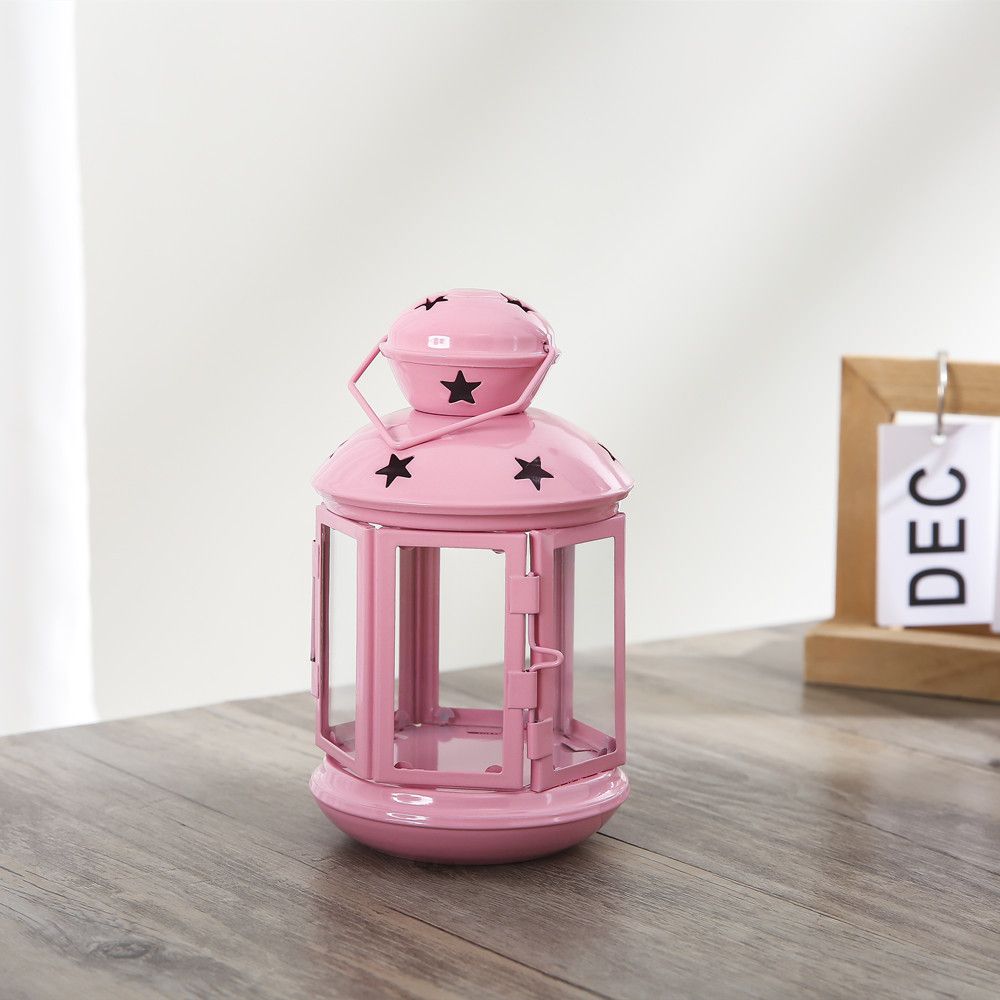Pink European Style Star Cutout Metal Candle Lantern - Handcrafted Iron & Glass Decorative Lamp for Christmas, Home, Wedding, Party Easy to carry - Perfect for Living Room, Bedroom, Study - Image 1