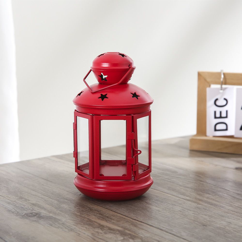 Red European Style Star Cutout Metal Candle Lantern - Handcrafted Iron & Glass Decorative Lamp for Christmas, Home, Wedding, Party Easy to carry - Perfect for Living Room, Bedroom, Study - Image 1