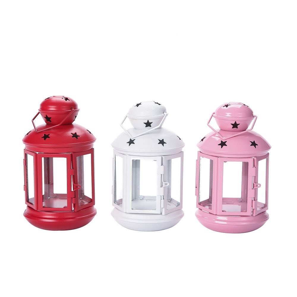3-piece White and Pink and Red European Style Star Cutout Metal Candle Lantern - Handcrafted Iron & Glass Decorative Lamp for Christmas, Home, Wedding, Party Easy to carry - Perfect for Living Room, Bedroom, Study - Image 1