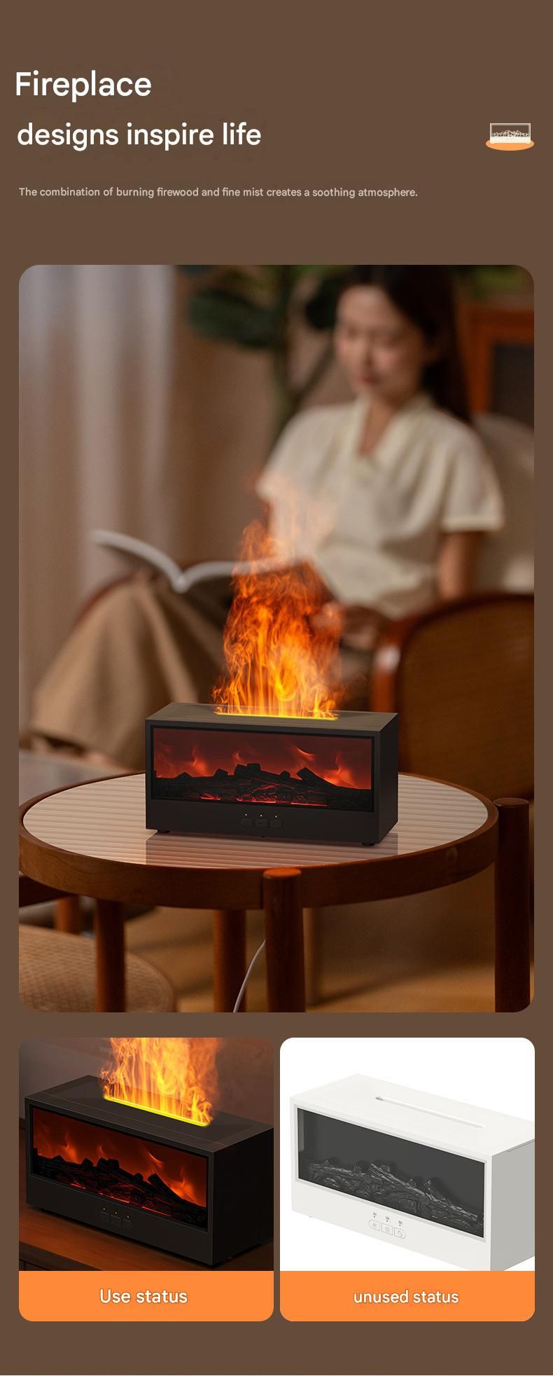 White casing 3D Flame Effect Aroma Diffuser and Humidifier - Desktop Fireplace Design with Realistic LED Fire, 7-Color Mood Lighting, and Silent Ultrasonic Mist - Ideal for Bedroom, Living Room, Office, and Yoga Spaces - Includes Timer and Auto Shut-Off - Image 5