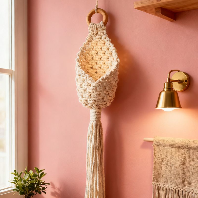 White Macrame Hanging Plant Holder - Cotton Rope Wall Basket, Bohemian Style Decor for Indoor Plants - Space Saving & Multi Scene Use - Image 1