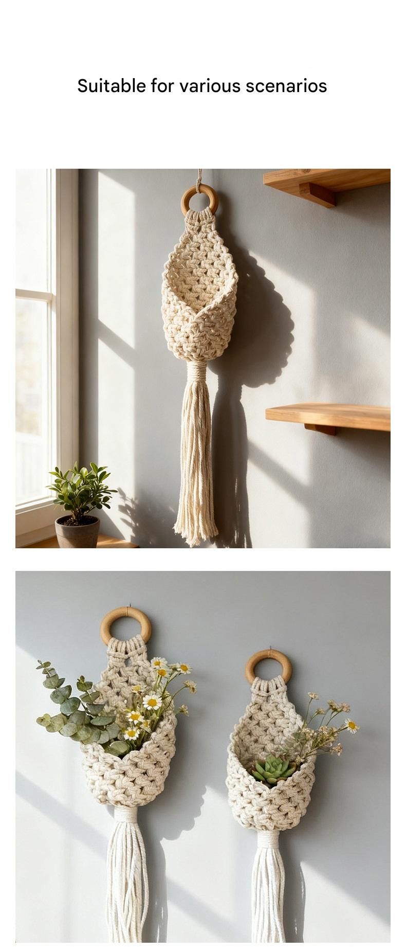 White Macrame Hanging Plant Holder - Cotton Rope Wall Basket, Bohemian Style Decor for Indoor Plants - Space Saving & Multi Scene Use - Image 8
