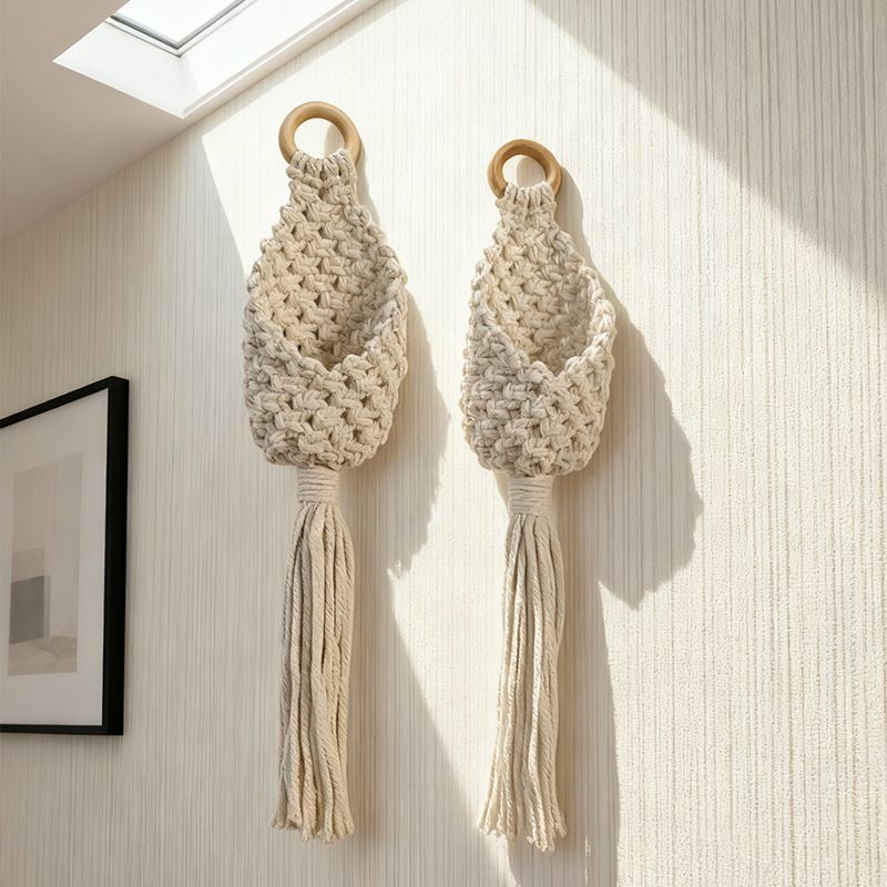 2-piece White Macrame Hanging Plant Holder - Cotton Rope Wall Basket, Bohemian Style Decor for Indoor Plants - Space Saving & Multi Scene Use - Image 1