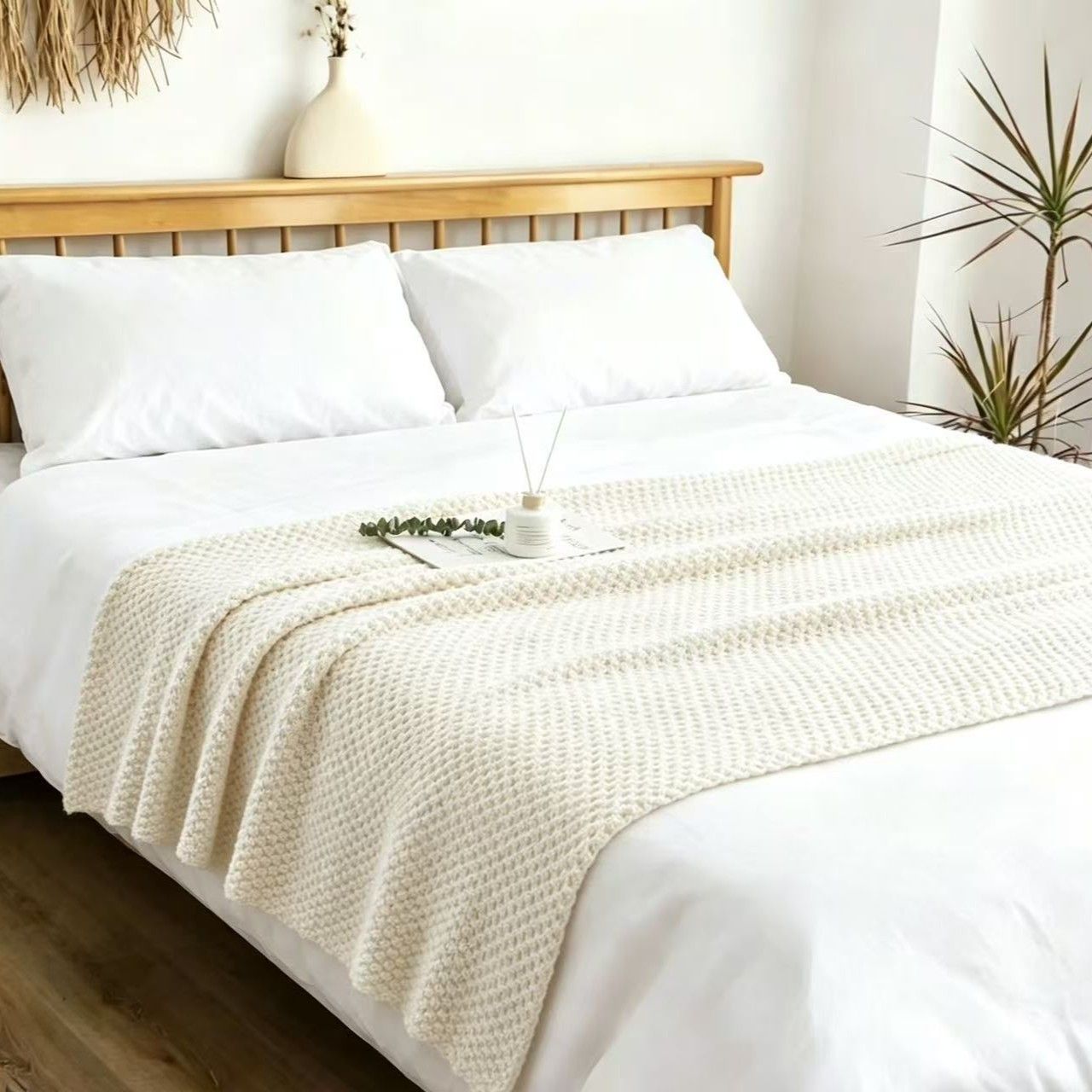 Beige 150*200cm Nordic Style Tassel Knit Throw Blanket - Soft Polyester Sofa Blanket with Pineapple Texture - Breathable & Lightweight for Office, Couch, Travel - Boho Chic Home Decor - Image 1