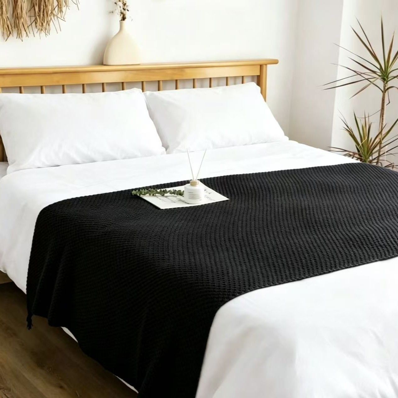 Black 1130*170cm Nordic Style Tassel Knit Throw Blanket - Soft Polyester Sofa Blanket with Pineapple Texture - Breathable & Lightweight for Office, Couch, Travel - Boho Chic Home Decor - Image 1