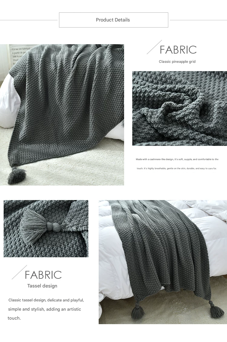 Black 1130*170cm Nordic Style Tassel Knit Throw Blanket - Soft Polyester Sofa Blanket with Pineapple Texture - Breathable & Lightweight for Office, Couch, Travel - Boho Chic Home Decor - Image 5