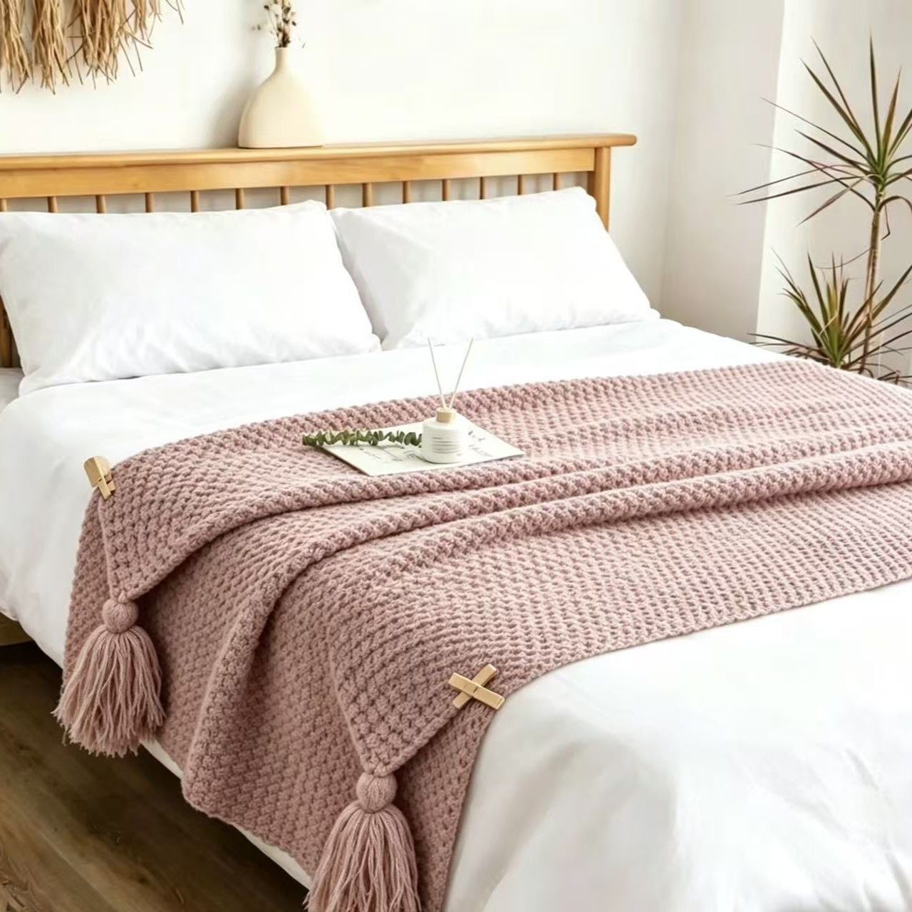 Pink 110*150cm Nordic Style Tassel Knit Throw Blanket - Soft Polyester Sofa Blanket with Pineapple Texture - Breathable & Lightweight for Office, Couch, Travel - Boho Chic Home Decor - Image 1