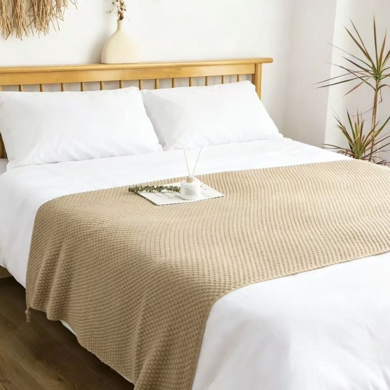 Khaki 150*200cm Nordic Style Tassel Knit Throw Blanket - Soft Polyester Sofa Blanket with Pineapple Texture - Breathable & Lightweight for Office, Couch, Travel - Boho Chic Home Decor - Image 1