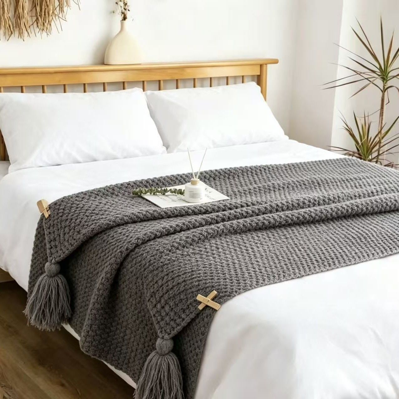 Grey 110*150cm Nordic Style Tassel Knit Throw Blanket - Soft Polyester Sofa Blanket with Pineapple Texture - Breathable & Lightweight for Office, Couch, Travel - Boho Chic Home Decor - Image 1