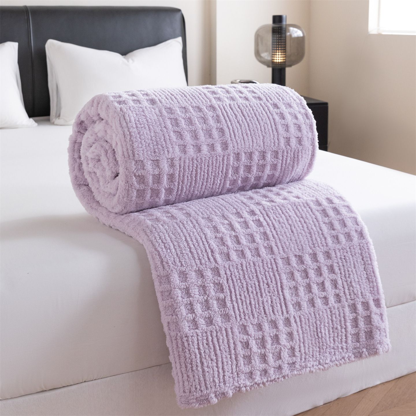 Purple 100*150cm Thickened Double-Sided Plush Waffle Weave Throw Blanket - Anti-Static Taffeta Velvet & Flannel Fleece - Warm, Soft, Non-Shedding Blanket for Winter, Sofa, Bed & Office - Image 1