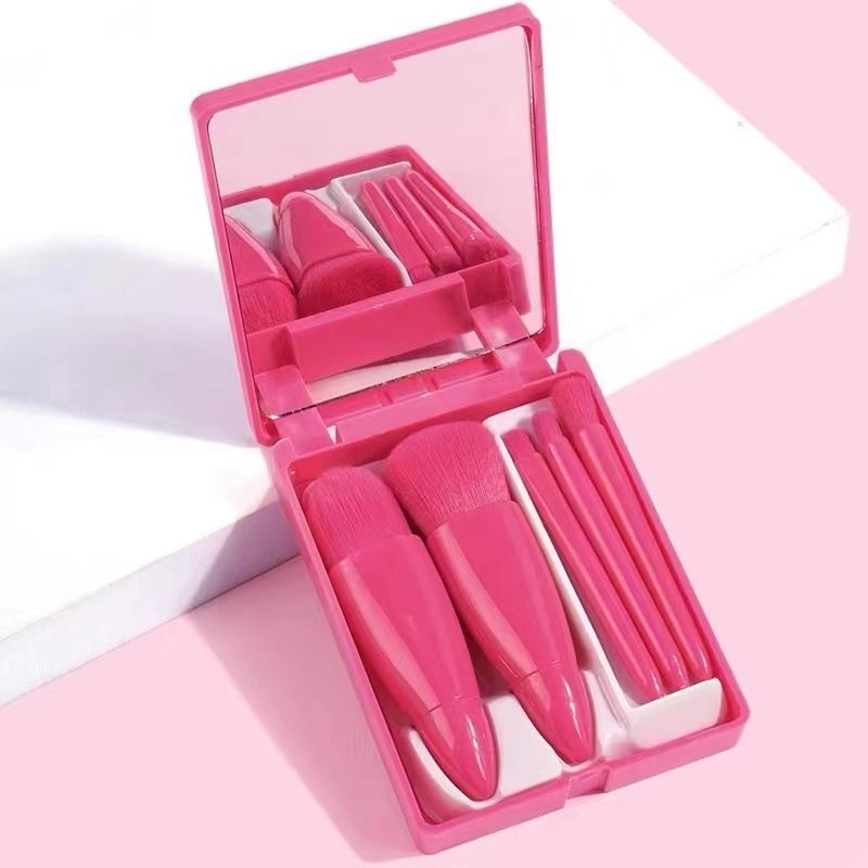 Red 5-Piece Compact Makeup Brush Set with Mirror - Synthetic Fibre Travel Case with Foundation, Powder & Blush Brushes - Portable Beauty Tool Kit for On-the-Go Touch-Ups - Image 1