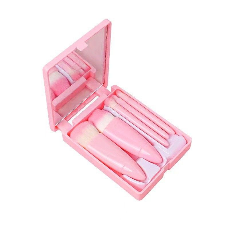 Pink 5-Piece Compact Makeup Brush Set with Mirror - Synthetic Fibre Travel Case with Foundation, Powder & Blush Brushes - Portable Beauty Tool Kit for On-the-Go Touch-Ups - Image 1