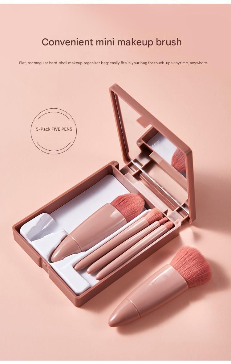 Pink 5-Piece Compact Makeup Brush Set with Mirror - Synthetic Fibre Travel Case with Foundation, Powder & Blush Brushes - Portable Beauty Tool Kit for On-the-Go Touch-Ups - Image 2