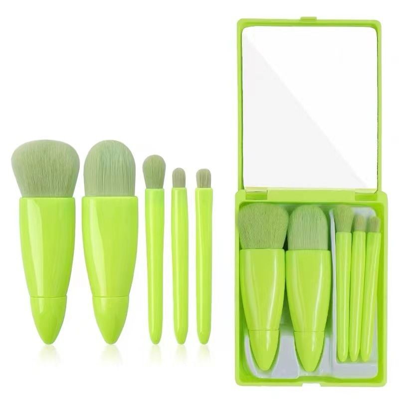 Green 5-Piece Compact Makeup Brush Set with Mirror - Synthetic Fibre Travel Case with Foundation, Powder & Blush Brushes - Portable Beauty Tool Kit for On-the-Go Touch-Ups - Image 1