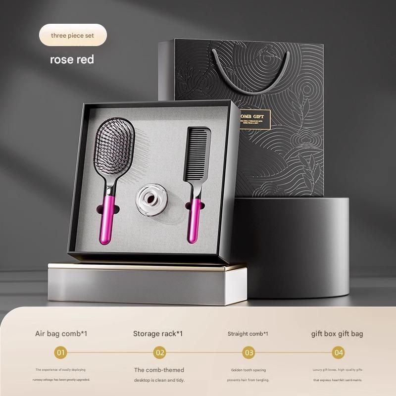 Rose Red 3-Piece Gift Box Set Premium ABS Hair Care Gift Set with Cushion Paddle Brush, Detangling Comb, Cleaning Brush & Stand - Elegant Mother’s Day or Couple’s Gift for Daily Styling and Scalp Comfort - Image 1