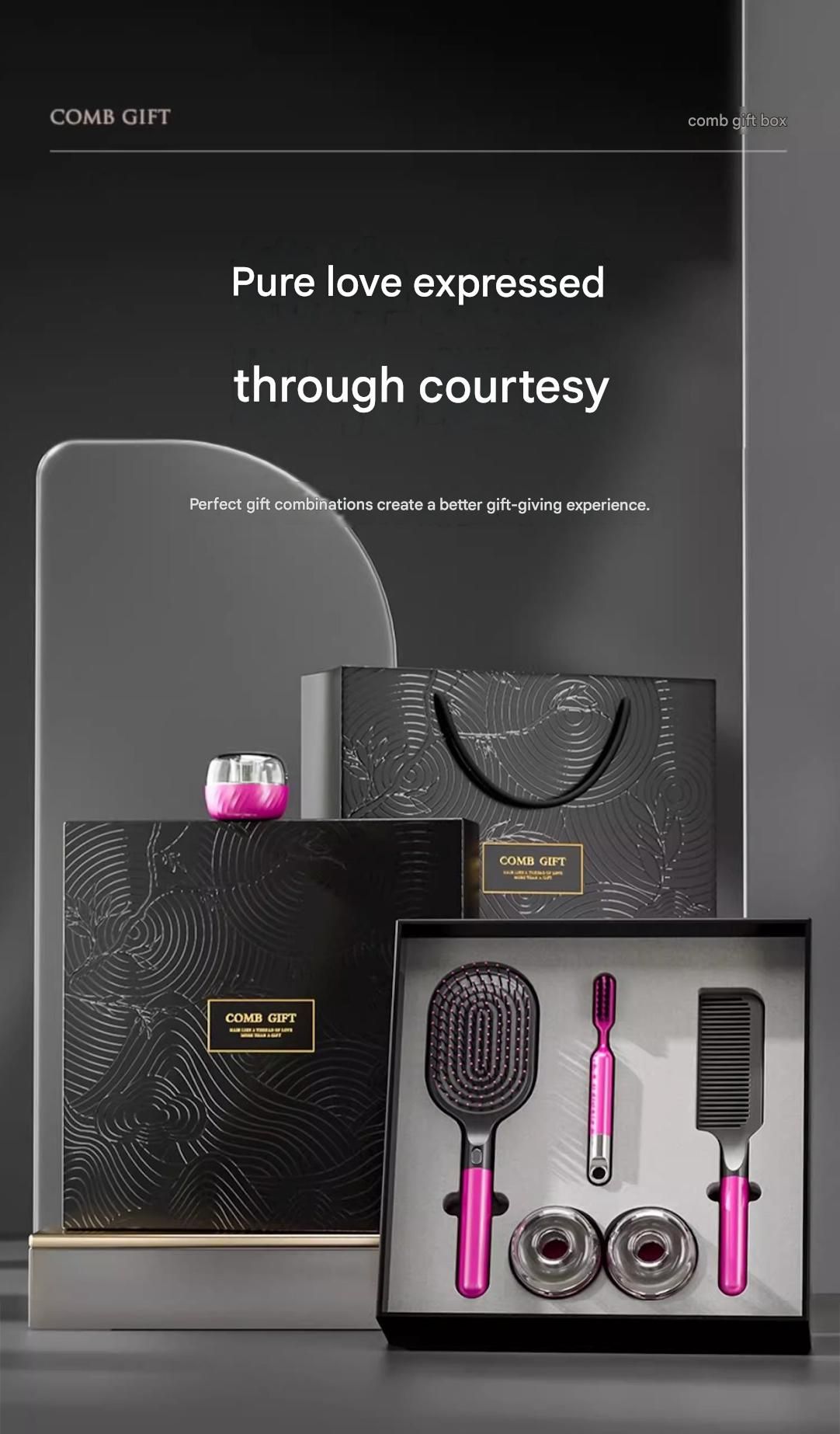 Rose Red 3-Piece Gift Box Set Premium ABS Hair Care Gift Set with Cushion Paddle Brush, Detangling Comb, Cleaning Brush & Stand - Elegant Mother’s Day or Couple’s Gift for Daily Styling and Scalp Comfort - Image 2