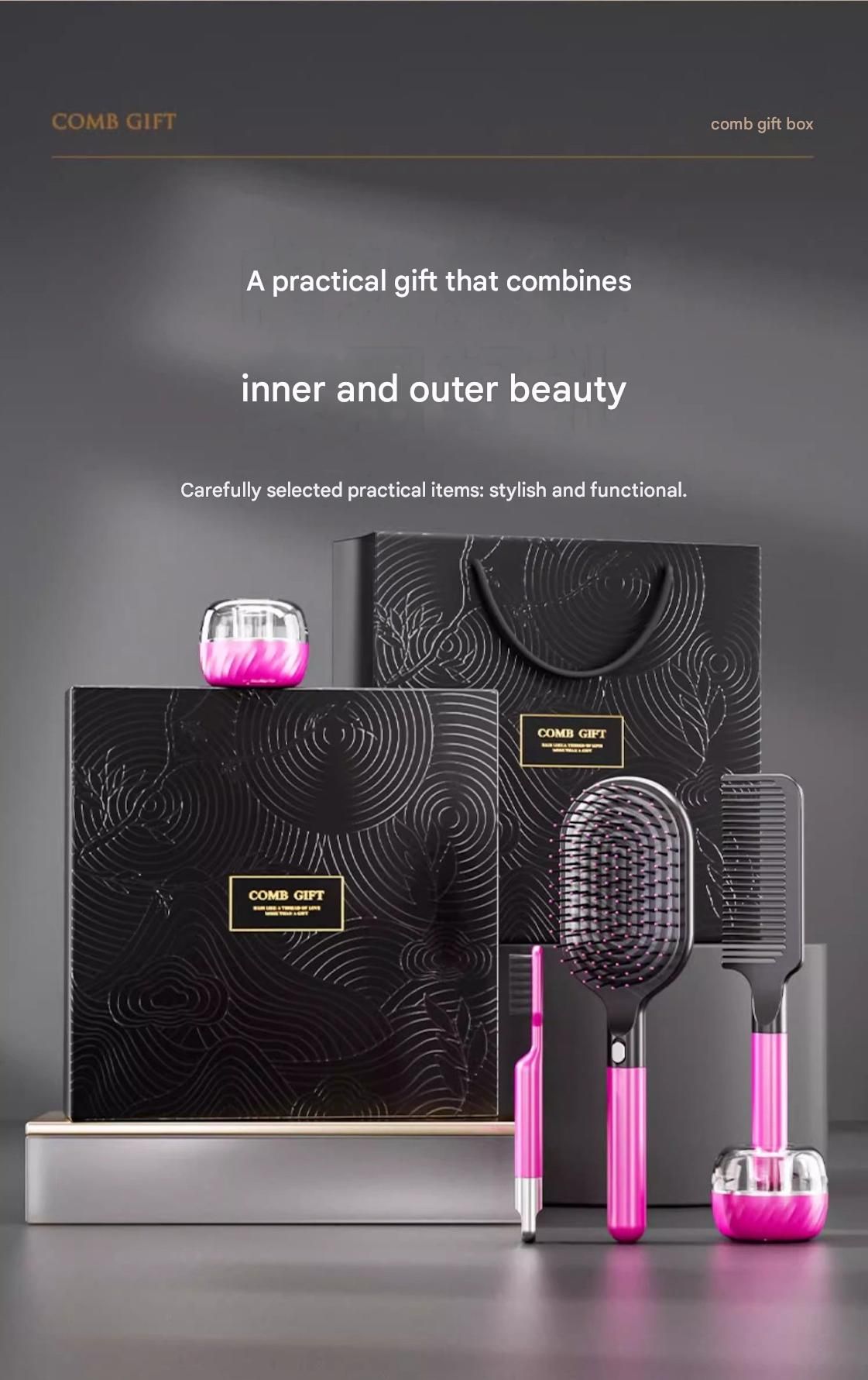 Rose Red 3-Piece Gift Box Set Premium ABS Hair Care Gift Set with Cushion Paddle Brush, Detangling Comb, Cleaning Brush & Stand - Elegant Mother’s Day or Couple’s Gift for Daily Styling and Scalp Comfort - Image 4