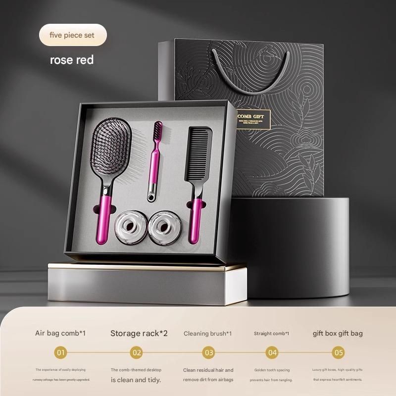 Rose Red 5-Piece Gift Box Set Premium ABS Hair Care Gift Set with Cushion Paddle Brush, Detangling Comb, Cleaning Brush & Stand - Elegant Mother’s Day or Couple’s Gift for Daily Styling and Scalp Comfort - Image 1