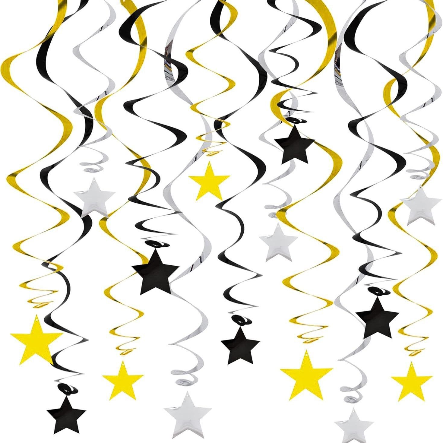 30-Piece Set for Golden and Silvery and Black Star Spiral Hanging Decorations - Kids Birthday, Wedding, Graduation, and Party Ceiling Decoration - Festive Swirl Streamers, Easy Hang Party Supplies - Image 1