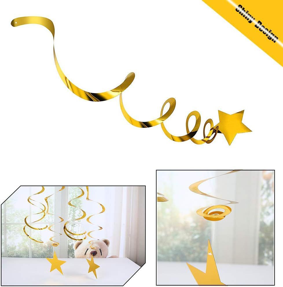 30-Piece Set for Golden and Silvery and Black Star Spiral Hanging Decorations - Kids Birthday, Wedding, Graduation, and Party Ceiling Decoration - Festive Swirl Streamers, Easy Hang Party Supplies - Image 5
