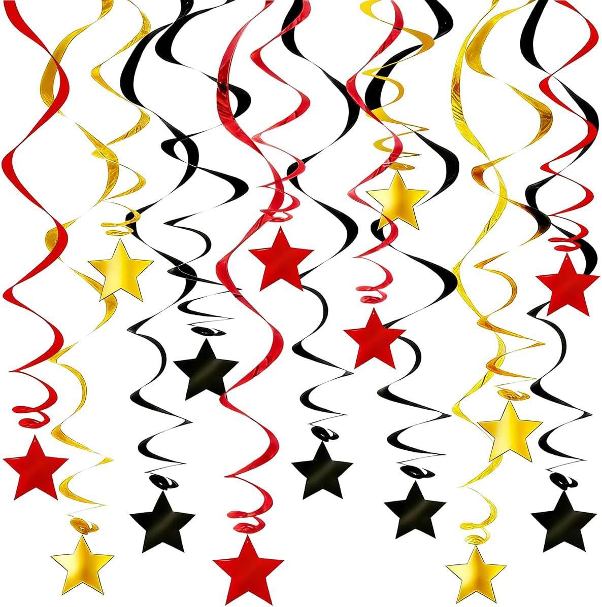 30-Piece Set for Golden and Red and Black Star Spiral Hanging Decorations - Kids Birthday, Wedding, Graduation, and Party Ceiling Decoration - Festive Swirl Streamers, Easy Hang Party Supplies - Image 1