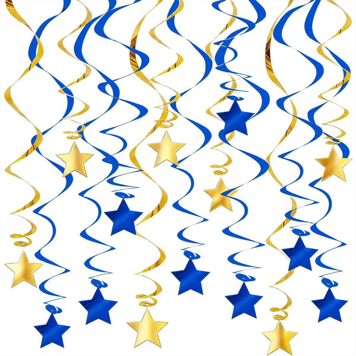 30-Piece Set for Golden and Blue Star Spiral Hanging Decorations - Kids Birthday, Wedding, Graduation, and Party Ceiling Decoration - Festive Swirl Streamers, Easy Hang Party Supplies - Image 1