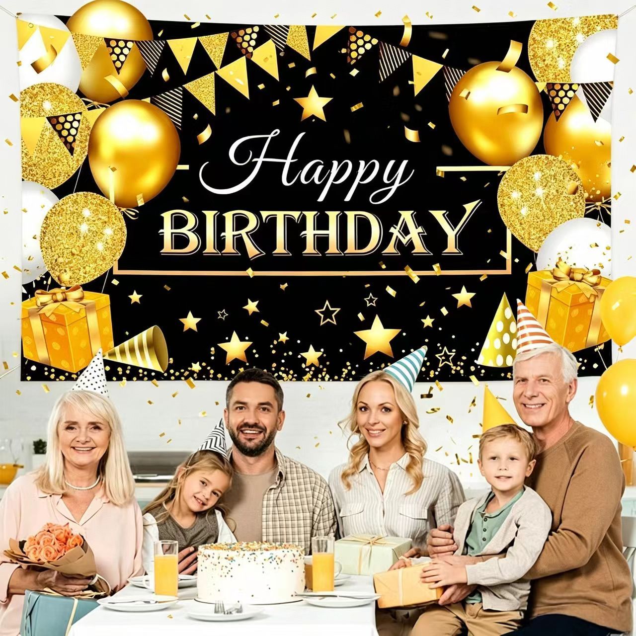 180*115cm Golden and Black Happy Birthday Banner - Glitter Party Backdrop & Confetti, Durable Polyester Wall Decoration for Birthday Parties, Photo Booth Background, Easy Hang Birthday Sign - Image 4