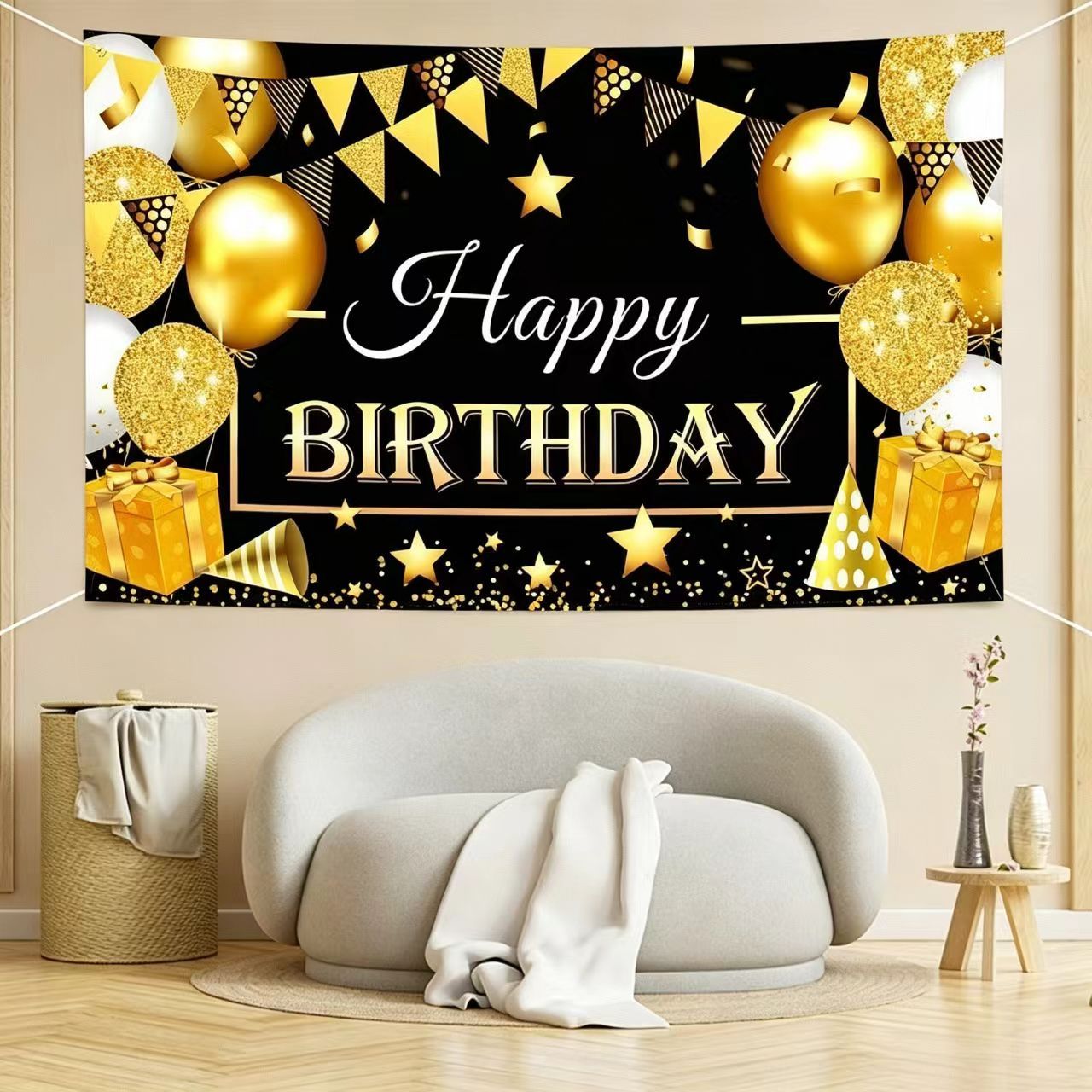 180*115cm Golden and Black Happy Birthday Banner - Glitter Party Backdrop & Confetti, Durable Polyester Wall Decoration for Birthday Parties, Photo Booth Background, Easy Hang Birthday Sign - Image 5