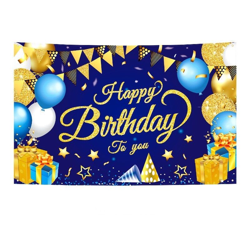 180*115cm Golden and Blue Happy Birthday Banner - Glitter Party Backdrop & Confetti, Durable Polyester Wall Decoration for Birthday Parties, Photo Booth Background, Easy Hang Birthday Sign - Image 1