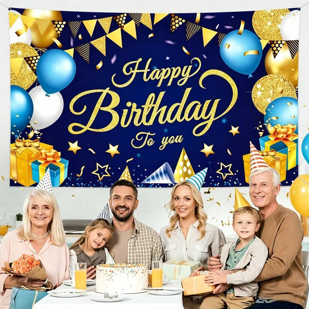 180*115cm Golden and Blue Happy Birthday Banner - Glitter Party Backdrop & Confetti, Durable Polyester Wall Decoration for Birthday Parties, Photo Booth Background, Easy Hang Birthday Sign - Image 4
