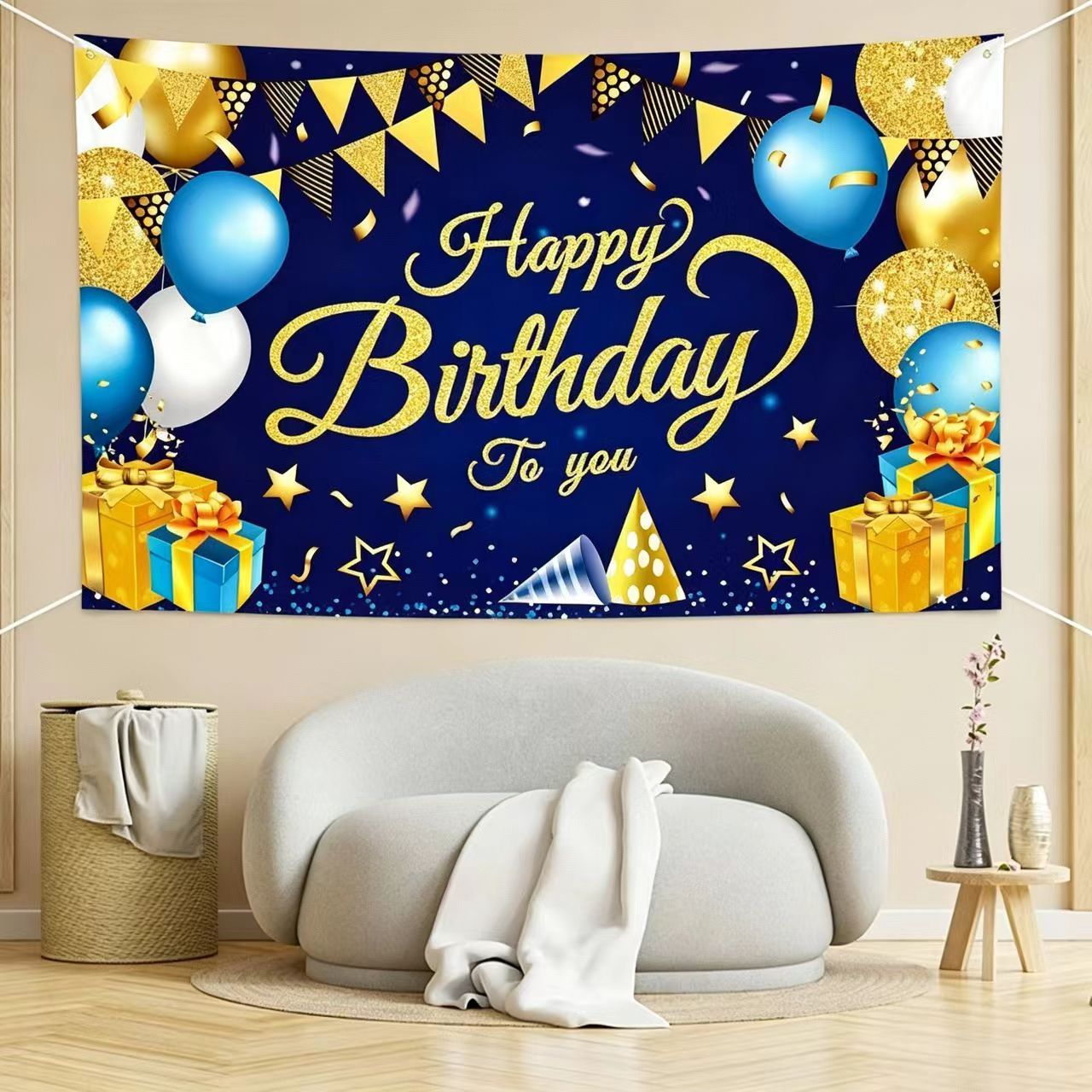 180*115cm Golden and Blue Happy Birthday Banner - Glitter Party Backdrop & Confetti, Durable Polyester Wall Decoration for Birthday Parties, Photo Booth Background, Easy Hang Birthday Sign - Image 5