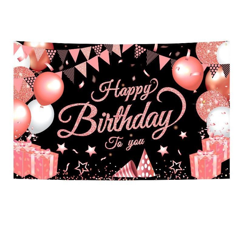 180*115cm Black and Pink Happy Birthday Banner - Glitter Party Backdrop & Confetti, Durable Polyester Wall Decoration for Birthday Parties, Photo Booth Background, Easy Hang Birthday Sign - Image 1