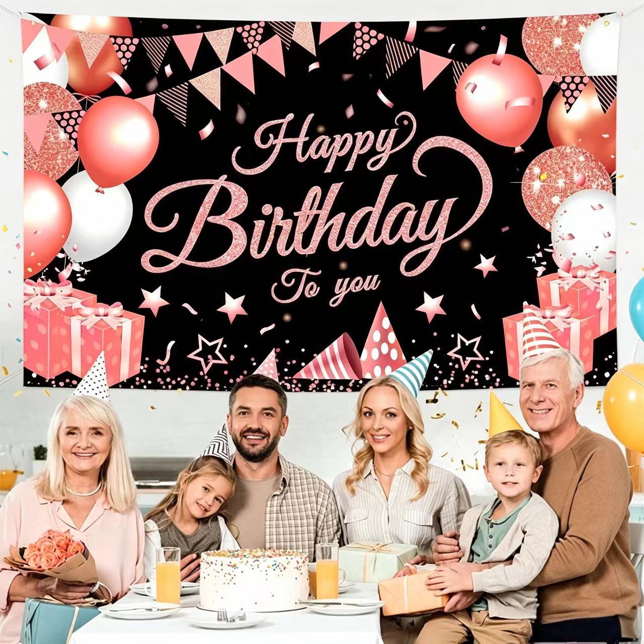 180*115cm Black and Pink Happy Birthday Banner - Glitter Party Backdrop & Confetti, Durable Polyester Wall Decoration for Birthday Parties, Photo Booth Background, Easy Hang Birthday Sign - Image 4