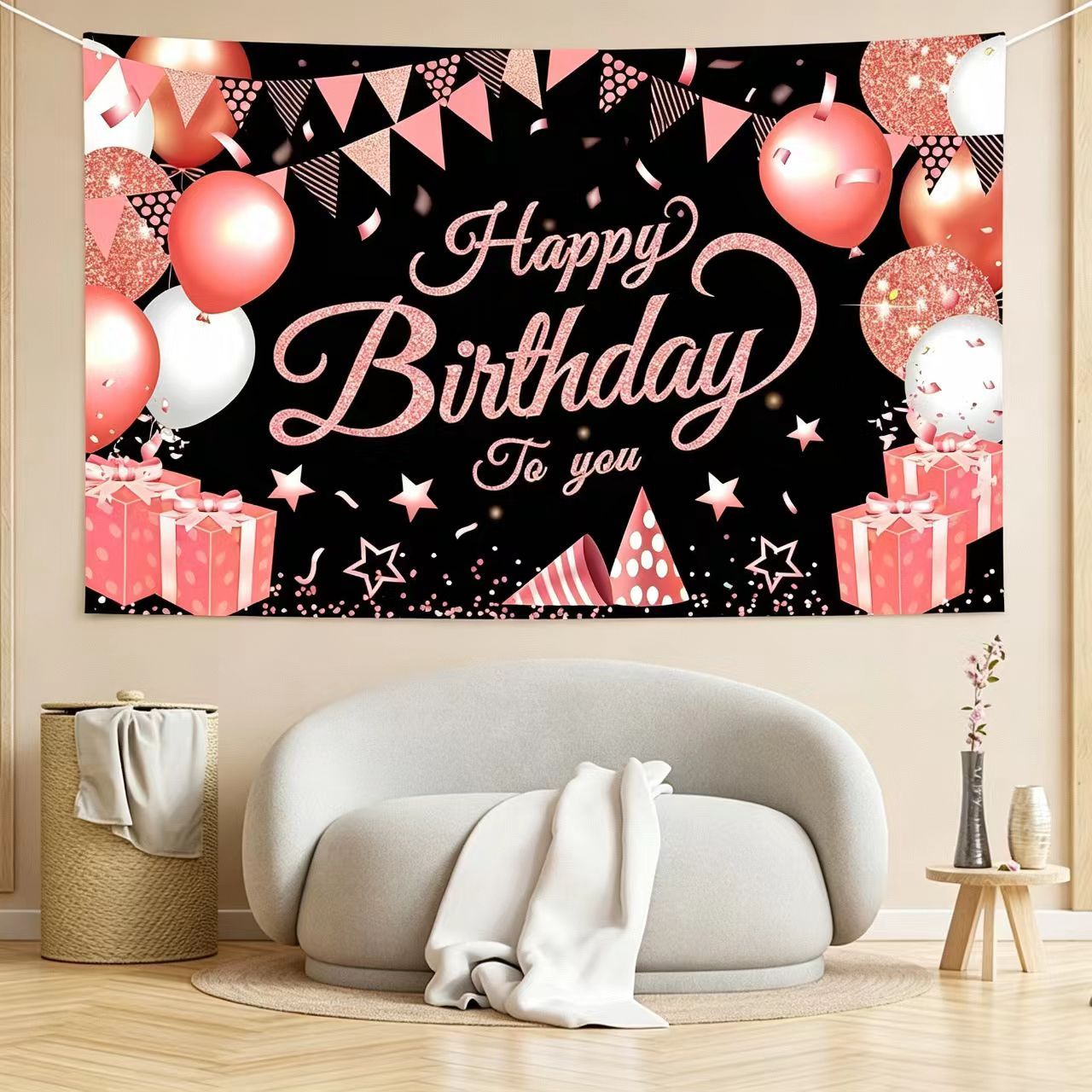 180*115cm Black and Pink Happy Birthday Banner - Glitter Party Backdrop & Confetti, Durable Polyester Wall Decoration for Birthday Parties, Photo Booth Background, Easy Hang Birthday Sign - Image 5