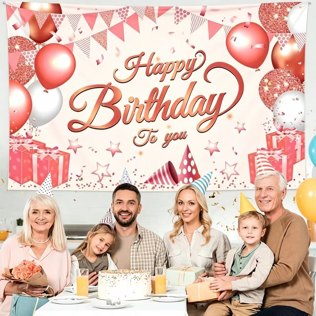180*115cm Pink Happy Birthday Banner - Glitter Party Backdrop & Confetti, Durable Polyester Wall Decoration for Birthday Parties, Photo Booth Background, Easy Hang Birthday Sign - Image 4