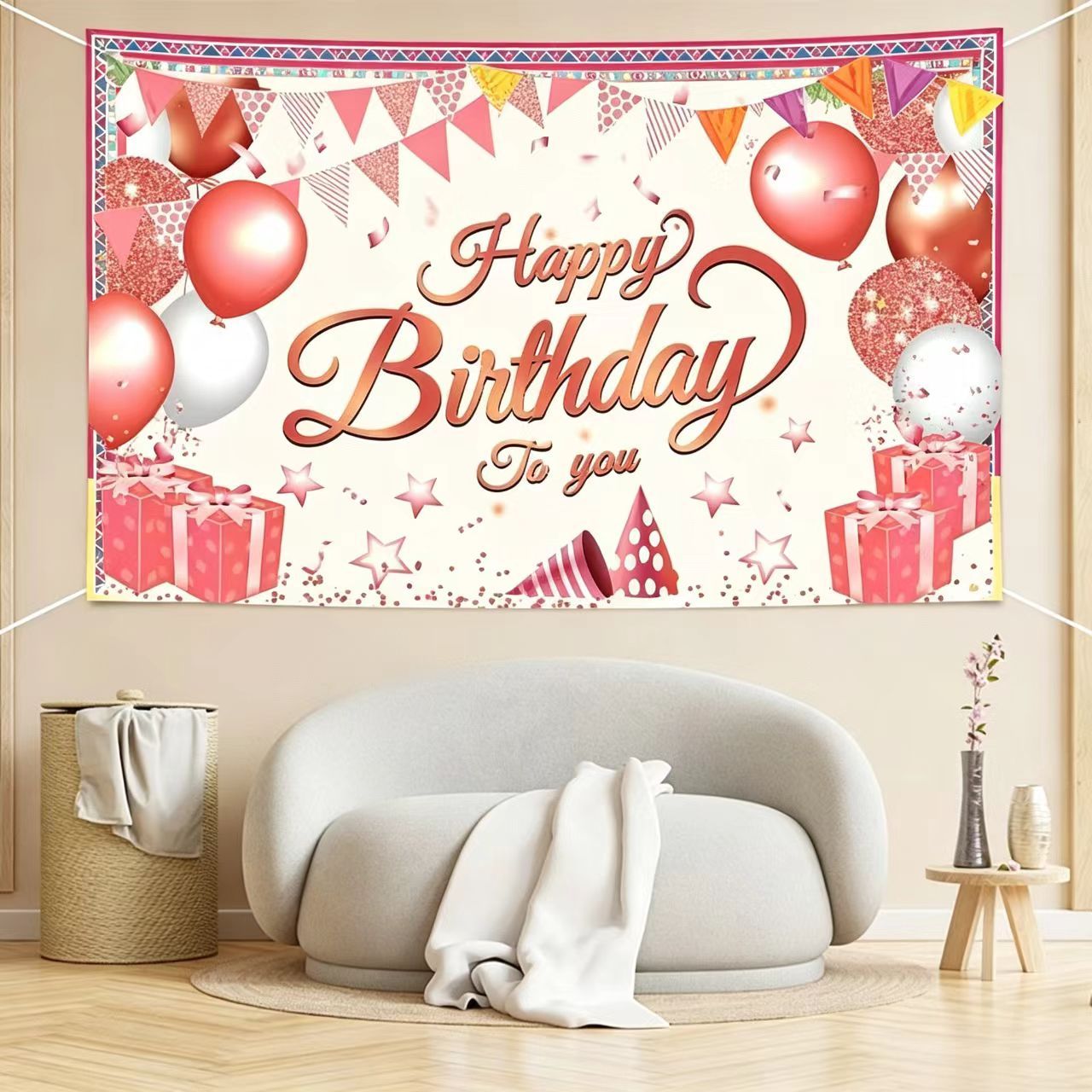 180*115cm Pink Happy Birthday Banner - Glitter Party Backdrop & Confetti, Durable Polyester Wall Decoration for Birthday Parties, Photo Booth Background, Easy Hang Birthday Sign - Image 5
