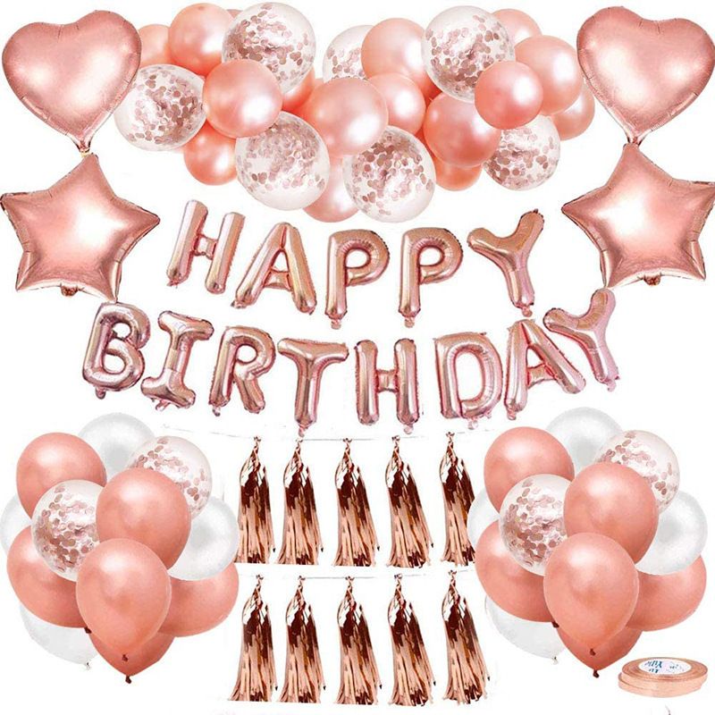 Rose Gold Happy Birthday Balloon Decoration Kit - Foil Letter Balloons, Confetti Latex Balloons, Tassel Garland, Heart & Star Shapes - Complete Party Backdrop Set for Women, Girls, Bridal Shower, Photo Booth - Easy Setup Party Supplies - Image 1