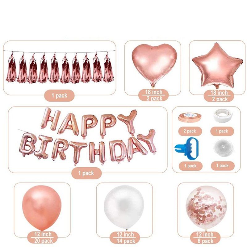 Rose Gold Happy Birthday Balloon Decoration Kit - Foil Letter Balloons, Confetti Latex Balloons, Tassel Garland, Heart & Star Shapes - Complete Party Backdrop Set for Women, Girls, Bridal Shower, Photo Booth - Easy Setup Party Supplies - Image 2