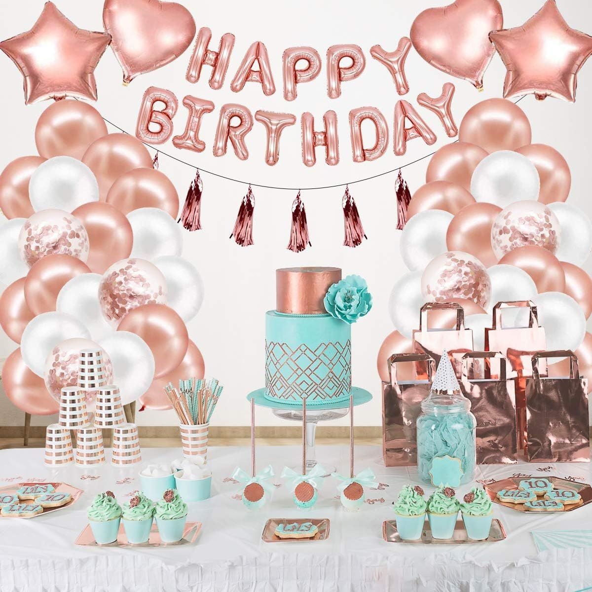 Rose Gold Happy Birthday Balloon Decoration Kit - Foil Letter Balloons, Confetti Latex Balloons, Tassel Garland, Heart & Star Shapes - Complete Party Backdrop Set for Women, Girls, Bridal Shower, Photo Booth - Easy Setup Party Supplies - Image 6