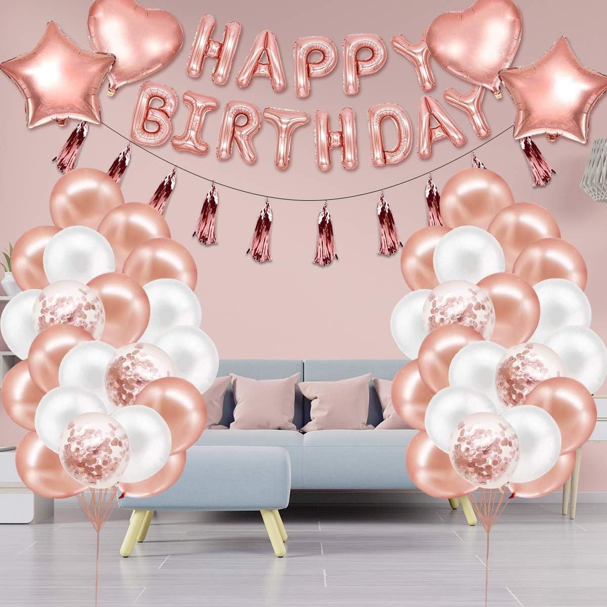 Rose Gold Happy Birthday Balloon Decoration Kit - Foil Letter Balloons, Confetti Latex Balloons, Tassel Garland, Heart & Star Shapes - Complete Party Backdrop Set for Women, Girls, Bridal Shower, Photo Booth - Easy Setup Party Supplies - Image 7