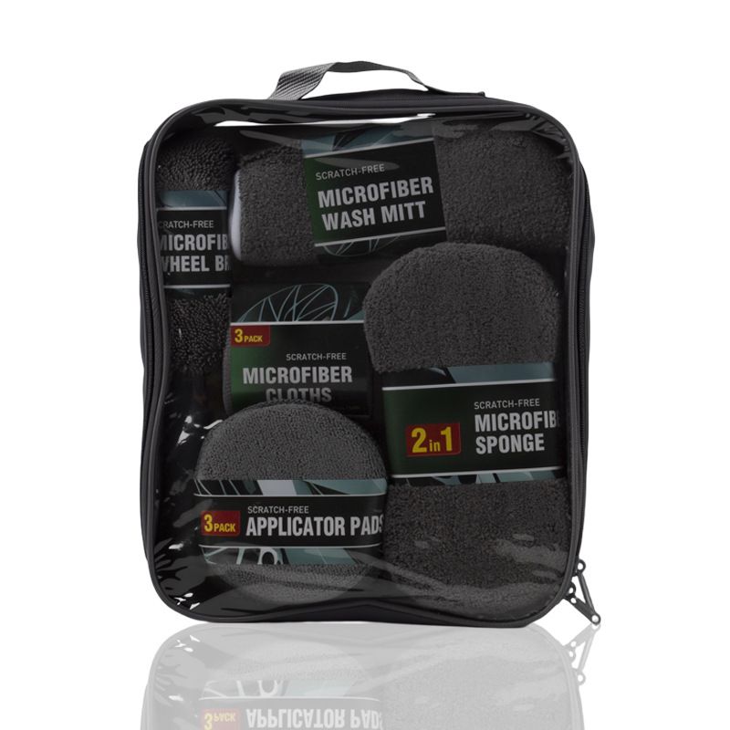9-Piece Grey Car cleaning kit - Microfibre Wash Mitt, Sponge, Wheel Brush, Waxing Pads & Towels - Complete Auto Detailing Set for Home & Garage Use - Image 1