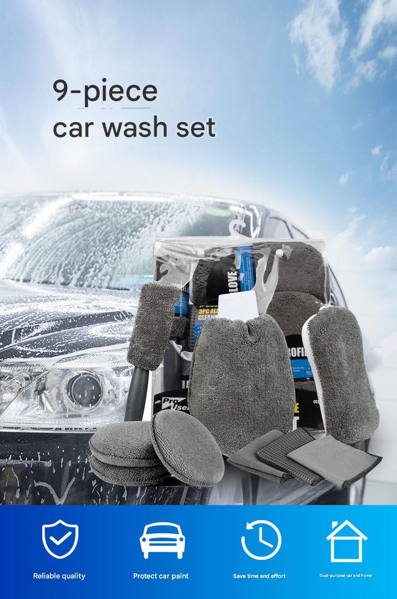 9-Piece Grey Car cleaning kit - Microfibre Wash Mitt, Sponge, Wheel Brush, Waxing Pads & Towels - Complete Auto Detailing Set for Home & Garage Use - Image 2