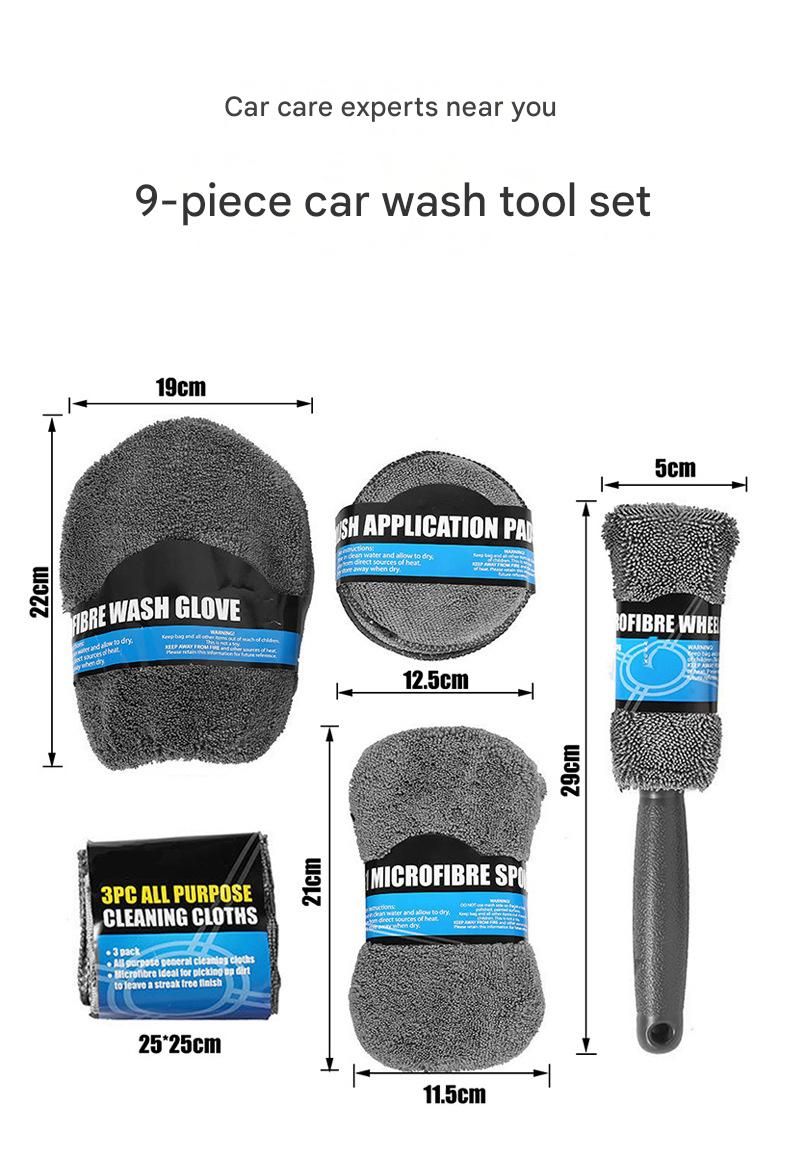 9-Piece Grey Car cleaning kit - Microfibre Wash Mitt, Sponge, Wheel Brush, Waxing Pads & Towels - Complete Auto Detailing Set for Home & Garage Use - Image 5