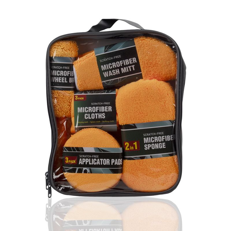 9-Piece Orange Car cleaning kit- Microfibre Wash Mitt, Sponge, Wheel Brush, Waxing Pads & Towels - Complete Auto Detailing Set for Home & Garage Use - Image 1