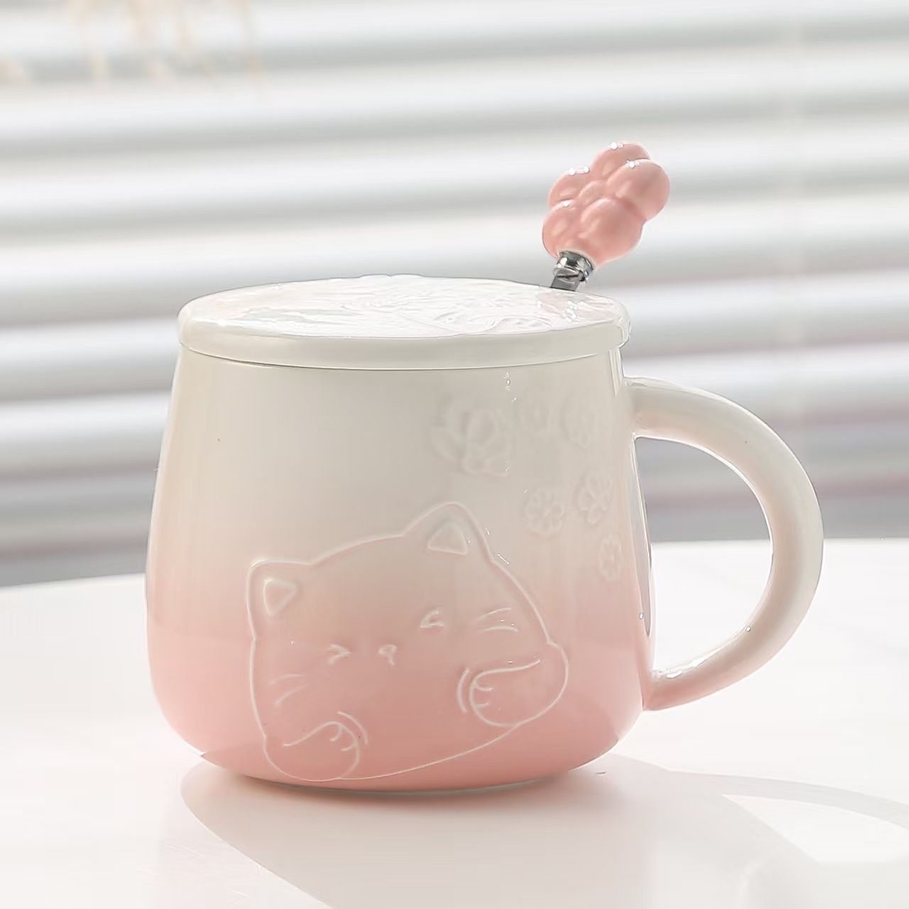 Pink Gradient Cat Ceramic Mug with Lid and Spoon - 400ml Porcelain Coffee Cup - Adorable 3D Cat Design, Pastel Colour, Gift Box Included - Ideal for Home, Office, or as a Present for Women and Cat Lovers - Image 4