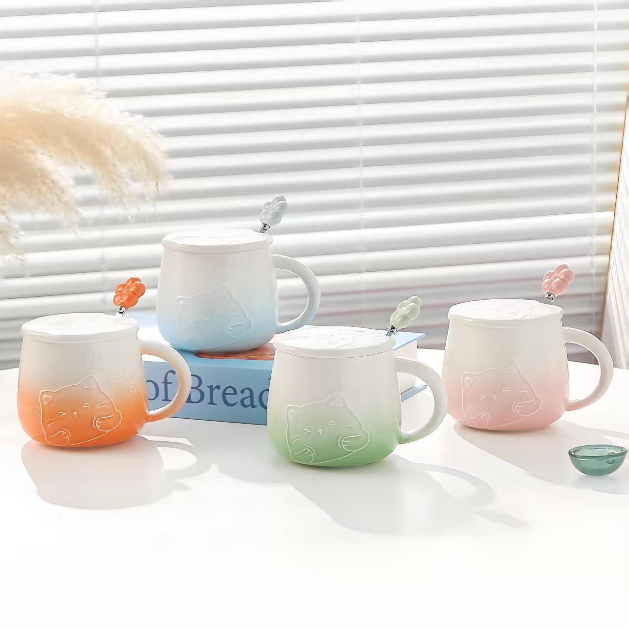 Green Gradient Cat Ceramic Mug with Lid and Spoon - 400ml Porcelain Coffee Cup - Adorable 3D Cat Design, Pastel Colour, Gift Box Included - Ideal for Home, Office, or as a Present for Women and Cat Lovers - Image 5