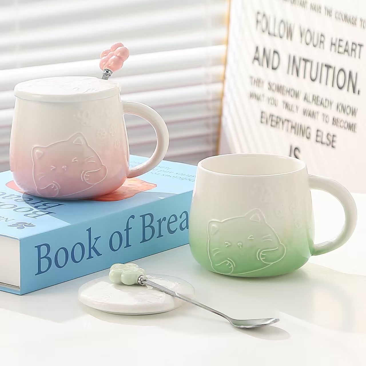 Yellow Gradient Cat Ceramic Mug with Lid and Spoon - 400ml Porcelain Coffee Cup - Adorable 3D Cat Design, Pastel Colour, Gift Box Included - Ideal for Home, Office, or as a Present for Women and Cat Lovers - Image 3