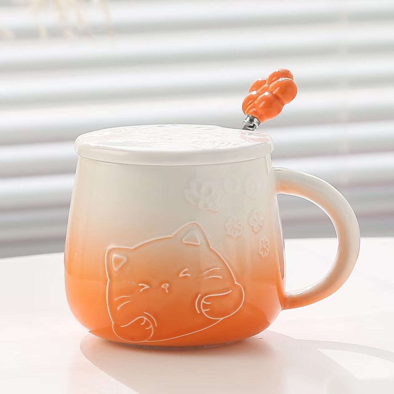 Yellow Gradient Cat Ceramic Mug with Lid and Spoon - 400ml Porcelain Coffee Cup - Adorable 3D Cat Design, Pastel Colour, Gift Box Included - Ideal for Home, Office, or as a Present for Women and Cat Lovers - Image 4