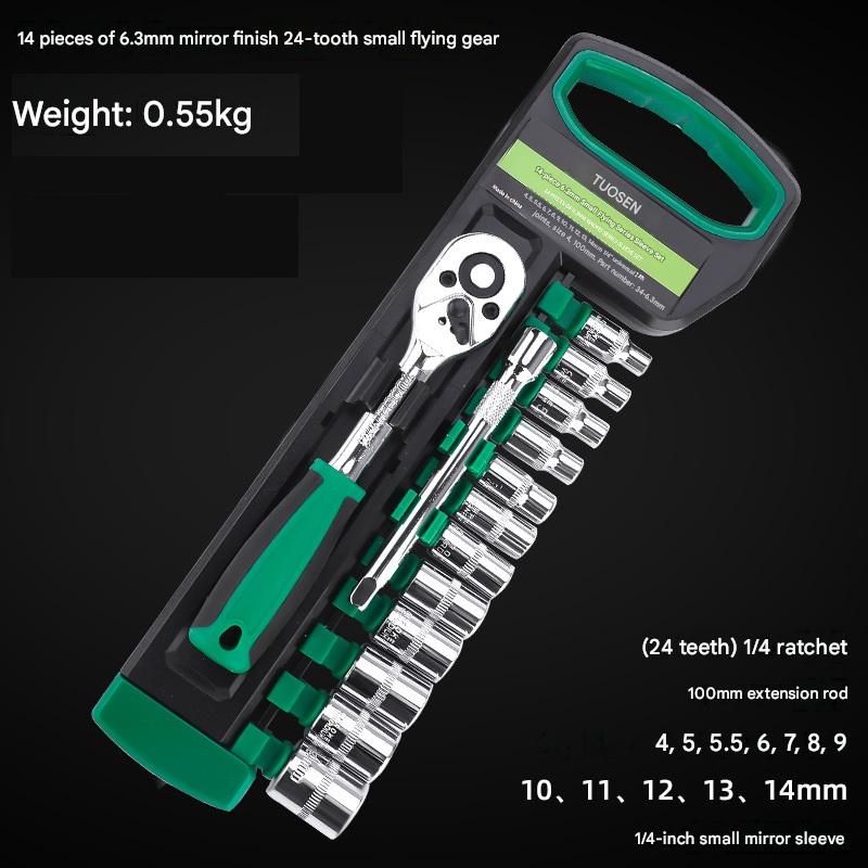 Green 14-Piece 1/4-Inch Drive 24-Tooth Ratchet & Socket Set — High-Carbon Steel, Mirror-Polished Socket Wrench Tool Kit — Automotive Repair Tool Set with Quick-Release Ratchet — Ideal for Car Maintenance, Mechanical Repairs, and DIY Projects - Image 1